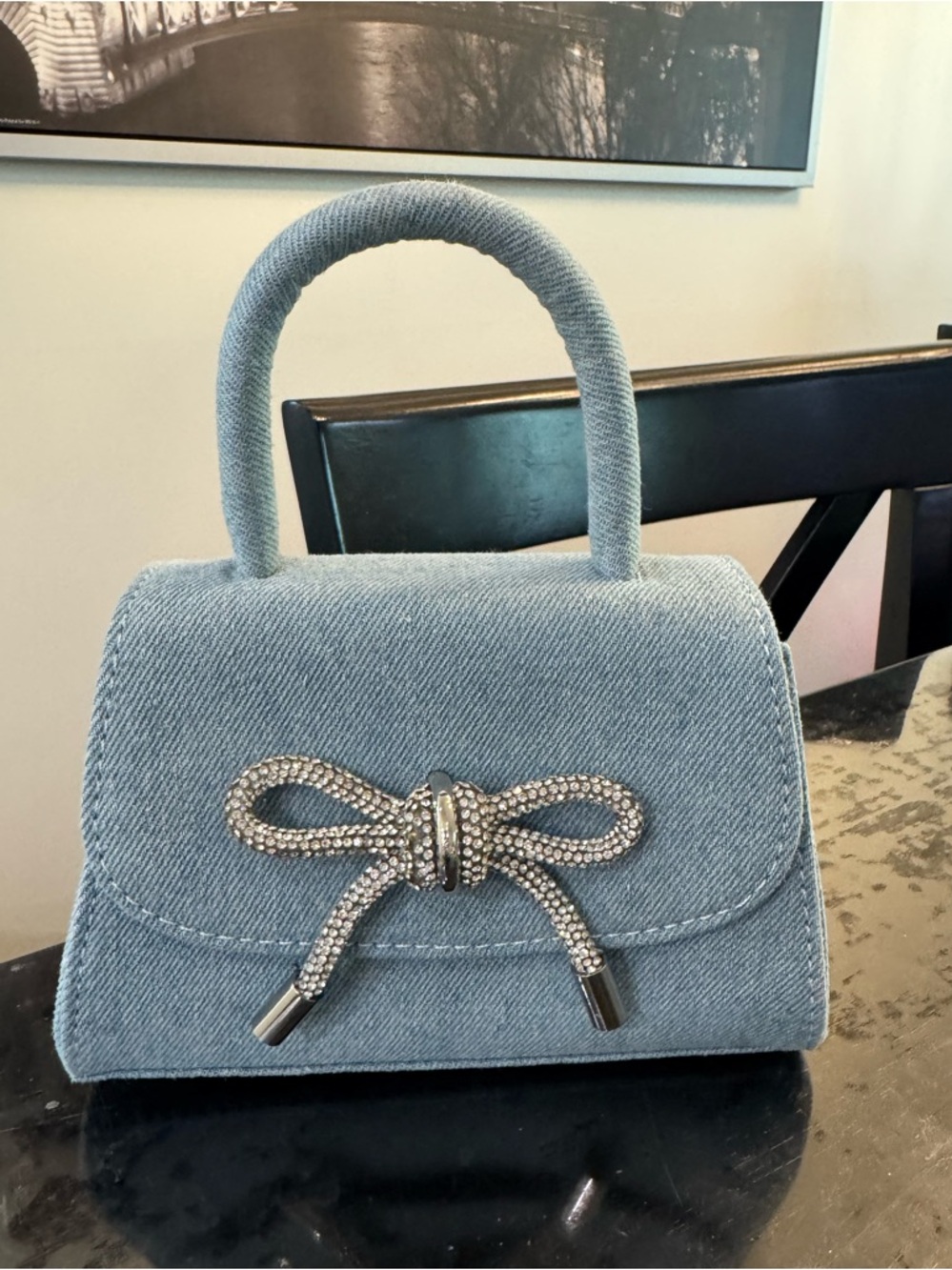 Light Blue Denim Top-Handle Bag with Crystal Bow Accent